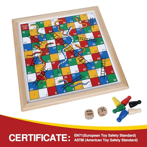 Gothink Wooden Snakes and Ladders Game - 13 Inch Educational Board Game for Children Ages 3 and Up & Adults - Classic Board Game Includes 6 Counters & 2 Dice, Rules