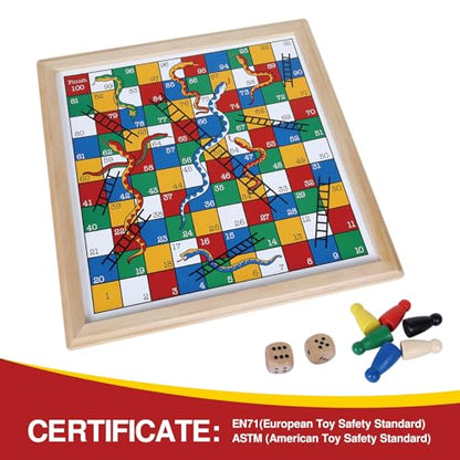 Gothink Wooden Snakes and Ladders Game - 13 Inch Educational Board Game for Children Ages 3 and Up & Adults - Classic Board Game Includes 6 Counters & 2 Dice, Rules