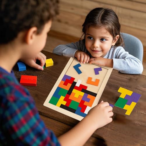 3 Otters Wooden Tangram Puzzle, 2-Pack Russian Blocks Brain Teaser | 3D Russian Blocks Intelligence Toy, STEM Montessori Educational Gift for Kids, Homeschool, Classroom, and Screenless Play