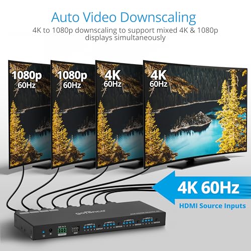 gofanco 4K60Hz 4x4 HDMI Matrix Switch (Matrix44HD2-BSC) | Up to 4K60Hz 4:4:4, HDR, HDCP 2.2/1.4, Auto Downscaling, EDID Management, 7.1ch Audio, Atmos, Lightning/Surge/ESD Protection - size: 4K 60Hz 4x4 BSC