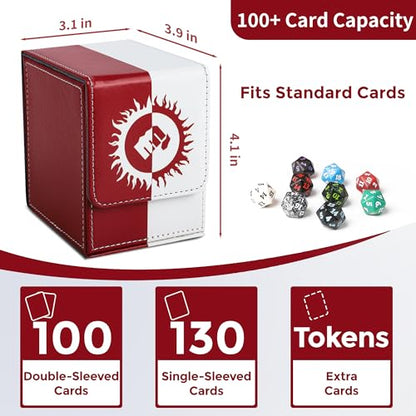 Card Deck Box with 2 Dividers, MTG Commander Deck Box Holds 100+ Double-Sleeved Cards, Leather Magnetic Deck Case Compatible with Magic TCG CCG Cards, Red/White - color: 1. Red & White, size: 100 Double-sleeved Cards Vertical