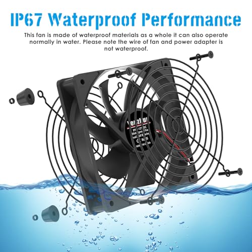 120mm IP67 Waterproof Cooling Fan 3000 RPM with Speed Controller, 12V High-Performance High-Speed Ventilation Fan, Dustproof & Weatherproof for Grow Tent, AV Cabinet, Boat, Outdoor Equipment