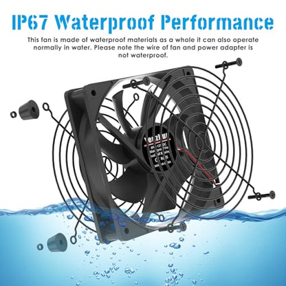 120mm IP67 Waterproof Cooling Fan 3000 RPM with Speed Controller, 12V High-Performance High-Speed Ventilation Fan, Dustproof & Weatherproof for Grow Tent, AV Cabinet, Boat, Outdoor Equipment