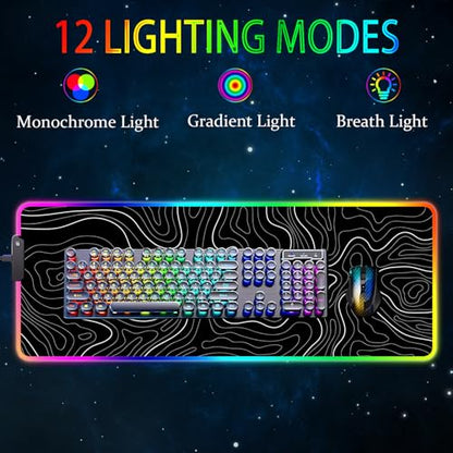 RGB Gaming Mouse Pad, Large Mouse pad with Led Light, Black Lines Non-Slip Rubber Base Big Mouse Mat for Gamer, 31.5 X 11.8 Inch - color: 14 Topographic Line