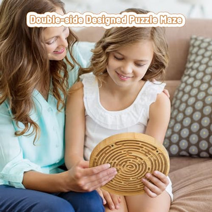 Wooden Labyrinth Board Game with Two Versions of Upgraded Circular Marble Maze with Two-Sided Design, 2-in-1 Puzzle Maze with Two Metal Balls, Brain Teaser Game for Children, Teenagers, and Adult - color: 2 in 1