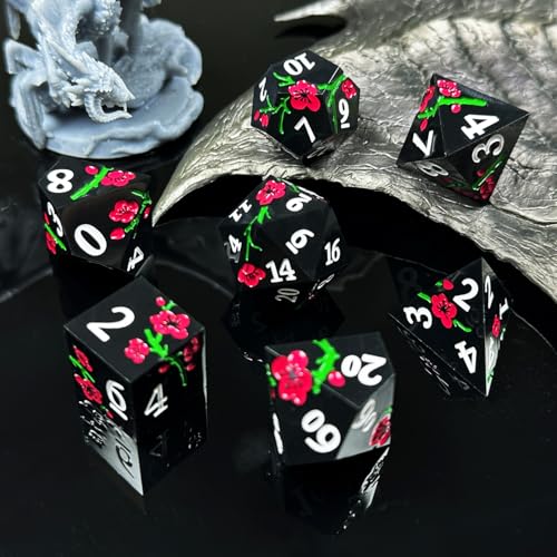 HAOMEJA Resin Flower Dice Set 7pcs/ Sharp Edged Polyhedral Dice/Apply to D&D/DND/RPG-MTG/Role Playing Table Game/Easter/Halloween Party Gift (Black) - color: 7 Black