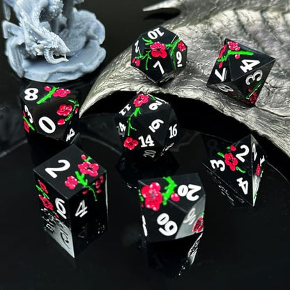 HAOMEJA Resin Flower Dice Set 7pcs/ Sharp Edged Polyhedral Dice/Apply to D&D/DND/RPG-MTG/Role Playing Table Game/Easter/Halloween Party Gift (Black) - color: 7 Black