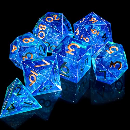 AUSTOR 7-Die DND Dice Set Handmade Sharp Edge Polyhedral Dice for Dungeons and Dragons D&D RPG MTG Table Games（Blue & Gold） - color: Blue & Gold