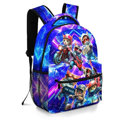 Cat Backpack for Kids Cute DJ Cat with Sunglasses School Backpack Funny Motorcycle Animal Bookbag For Boys Girls Children Elementary Middle School Travel Back Pack - color: Cat