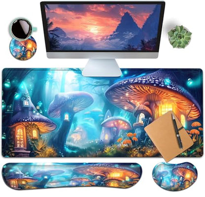 Large Gaming Mouse Pad+ Keyboard Wrist Rest Set, Ergonomics Memory Foam Mouse Mat Wrist Rest Support for Home Office, Waterproof Extended Mousepad 31.5x11.8in, Magic Mushroom Castle Desk Pad - color: Yvb-mousepad-9-f-154