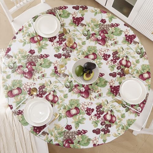Walrus Round Vinyl Fitted Tablecloth with Flannel Backing Elastic Edge Design Table Cover Waterproof Oil-Proof PVC Table Cloth Stain-Resistant Best for 37"-44" Round - color: Fruits, size: 44" (Round)