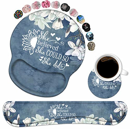 Keyboard Wrist Rest and Mouse Pad Wrist Support Set with Coasters, Inspirational Quote She Believed She Could So She Did Wrist Support Mouse Pad with Non-Slip PU Base for Computer Laptop Home Office