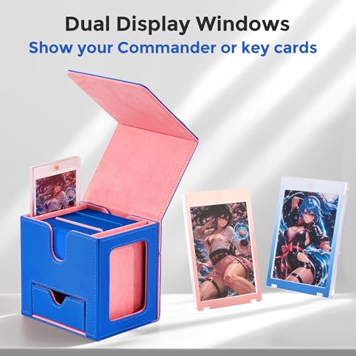 MTG Commander Deck Box with Dual Display Windows and Dice Tray | Fits 100 Double-Sleeved Cards, PU Leather, 2 Magnetic Card Holders, 2 Dividers, Blue & Pink - color: 3. Blue & Coral Pink