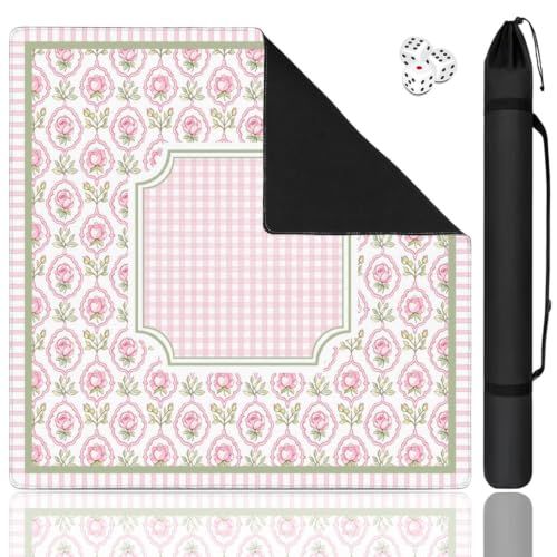 Pink Checkered Mahjong Mat, 31.5 * 31.5in Anti Slip American Mahjong Mat for Table, Noise Reduction, Neoprene Mah jongg Mats with Carrying Bag & 3 Dices, Mahjong Sets Gift, Board Tile Games Mats - color: Rose