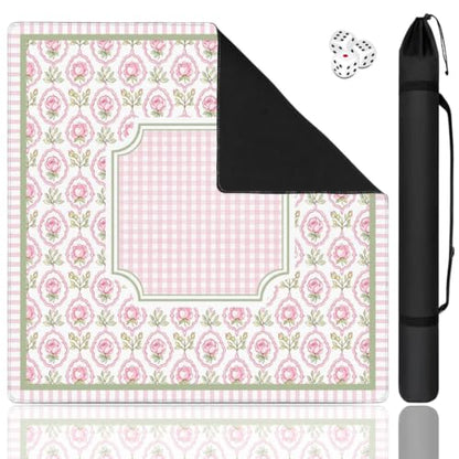 Pink Checkered Mahjong Mat, 31.5 * 31.5in Anti Slip American Mahjong Mat for Table, Noise Reduction, Neoprene Mah jongg Mats with Carrying Bag & 3 Dices, Mahjong Sets Gift, Board Tile Games Mats - color: Rose
