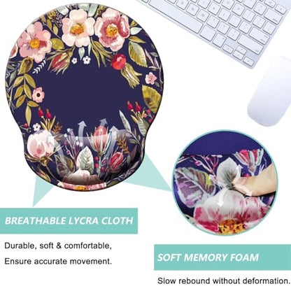 Mouse Pad with Wrist Support, Ergonomic Mouse Pad with Memory Foam Wrist Rest Cushion, Non-Slip Rubber Base Gaming Mice Pad for Home Office Computer Laptop, Flower Wreath - color: Flower wreath