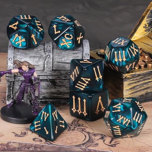 CiaraQ 7pcs Polyhedral Dice Set for Dungeon and Dragons MTG Table Games | Acrylic Role Playing Dice for D&D with Black Velvet Bag – Deep Teal Pearl with Gold Roman Numerals - color: Deep Teal Pearl Finish With Gold Roman Numerals