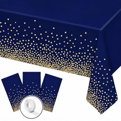 Blue Orchards Blue and Gold Dots Table Cover (Pack of 3 with 20 Glue dots) - 54"x108" XL - Plastic Tablecloth, Anniversary, Wedding, Graduation Decoration, Picnic & Golden Birthday Party Supplies - color: Blue Gold (Pack of 3)