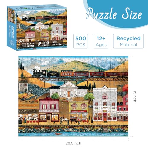 500 Pieces Puzzle for Adults, Retro Train Jigsaw Puzzles for Adult, Countryside Town Jigsaw Puzzle 500 Pieces for Adults Seniors, Challenging Game Home Decor Birthday Gift Toy 20.5 * 15 in - style: Retro