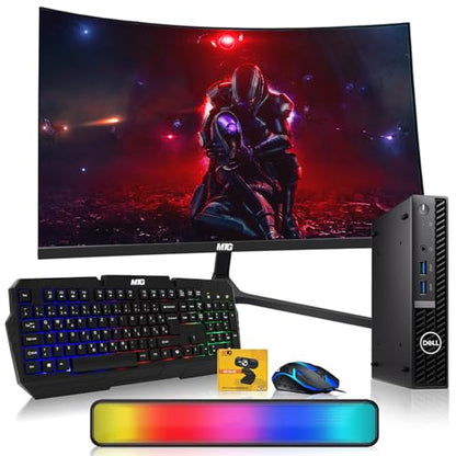 Dell Optiplex Tiny Mini Desktop PC, Intel Core i5, 16GB RAM, 512GB SSD with 27 inch Curved Monitor, AI Enabled RGB Keyboard Mouse, RGB Soundbar and Webcam Windows 11 Pro (Renewed)