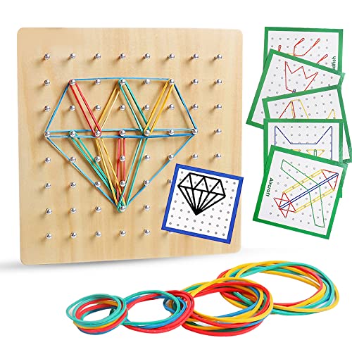 Wooden Geoboard, Montessori STEM Toy with Pattern Blocks for Kids Ages 3+ | Rubber Bands & Pattern Cards, Fine Motor Math Learning Geo Board, Classroom Home STEM Activity, Brain Teaser Educational Gift - size: 7*7 in