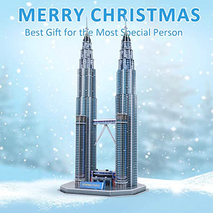 3D Puzzles for Adults & Kids, Petronas Twin Towers City Architecture Building Model Kit, 3-D Jigsaw Puzzles DIY STEM Desk Toys Christmas Birthday Gift for Hobbyist Teens Boys Girls 10-12-14, 130 PCS - style: Petronas Twin Towers
