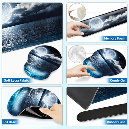 Desk Mat Set Keyboard and Mouse Pad with Wrist Rest Support | Ergonomic,Pain Relief, 4-in-1 Large Big Mousepad Computer Mats,Desk Pad Matt Mats for Desktop Home & Office - color: H-Night Sea