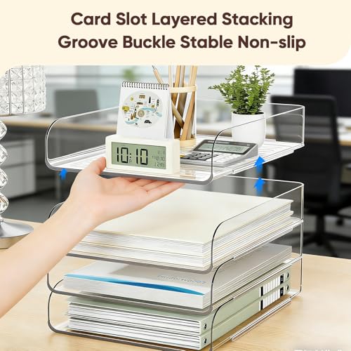 HIYOHIYO Clear Office Desk Organizer for A4 Letter Paper, 4-Tier Vertical | Stackable | Large Capacity | Sturdy Office DeskTtop Organizer for File Folder, Stable Home Desk Paper Holder and Storage - size: 10" x 13" x 11"