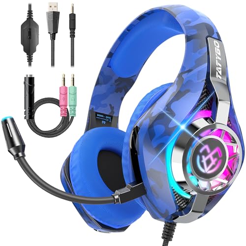 Tatybo Gaming Headset for PS5 PC, Noise Canceling Mic, RGB, Blue Camo | Over Ear, Deep Bass Stereo Sound for FPS, Battle Royale, Lightweight for Xbox, PS4, Mobile, Nintendo, 3.5mm Devices - color: Blue Camo