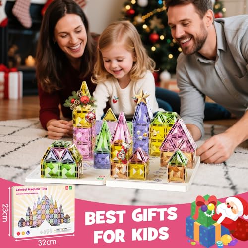 Clear Crystal Glitter Magnetic Tiles: Diamond Building Blocks for Kids | 60PCS Metal Storage Box, Compatible With Most Tile Sets, Strong Magnets, Ages 4-8, 60+ Mins Play Travel & Home Fun - style: Medium Magnetic Tiles - 60PCS