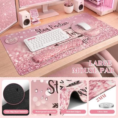 iCasso Mouse Pad,Large Pink Desk Mat Set, 4in1 Back to School XXL Mousepad + Keyboard Wrist Rest+Mouse Wrist Rest+Coaster with Ergonomic Desk Pad for Home Office Computer Cover -Pink Stay Positive - color: 1-Pink Stay Positive