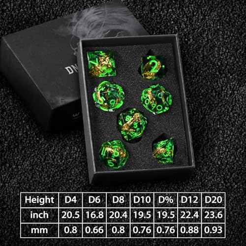 FONVGOGO Magic Lord Rings DND Dice Set, Sharp Edge Resin D and D Dice with Box 7Pcs Dungeons and Dragons Polyhedral Dice Set for Role Playing Game Gift Tabletop Games (Ring Green) - color: Ring Green