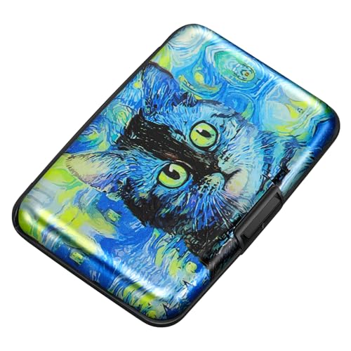 ELFISH Mini RFID Aluminum Wallet Credit Cards Holder Business Card Case Metal ID Case for Men Women(Blue Cat) - color: Blue Cat
