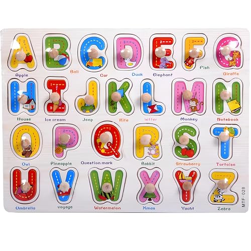 Alphabet Puzzle Wooden for Toddlers 3+ Years Old - Montessori ABC Learning Toy with Letter Blocks & Wooden Board - Preschool Educational Toy for Boys & Girls - Early Literacy & Fine Motor Skills - style: Alphabet