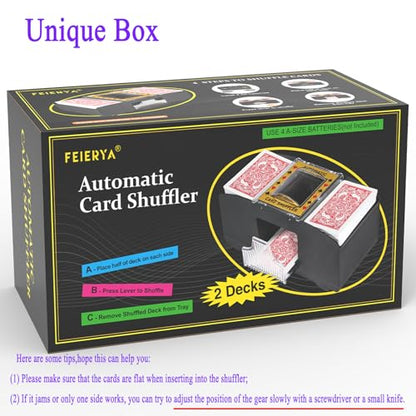 FEIERYA Automatic Card Shuffler 2/1/4/6 Deck,Battery-Operated Electric UNO Poker Shuffler,Playing Card Shuffler for Home Card Game,Travel - size: 2 Decks