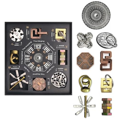 Bagua Metal Puzzles Set with Feng Shui Compass, 8+1 Alloy Brain Teasers, Traditional Chinese Intellectual Puzzle Toys for Adults, Stress Relief Fidget Desk Toy & Gift for Puzzle Lovers - color: Bagua