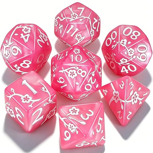 CiaraQ 7pcs Polyhedral Dice Set for Dungeon and Dragons MTG Table Games | Acrylic Role Playing Dice for D&D with Black Velvet Bag – Pink Pearl with White Numbers & Plum Blossom Patterns - color: Pink and White Floral Dice