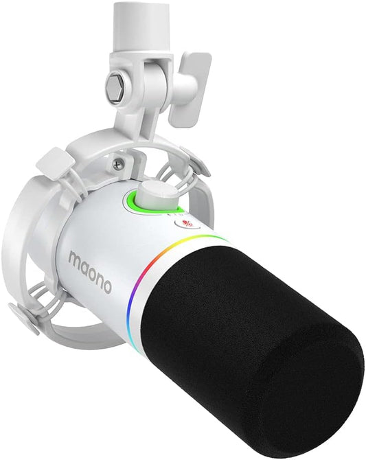 MAONO PD200X XLR/USB Dynamic Microphone, RGB Gaming Mic with Software | PC Mic with Mute, Gain Knob, Volume Control and Headphone Jack for Gaming, Streaming, Podcasting, Recording, White - color: White