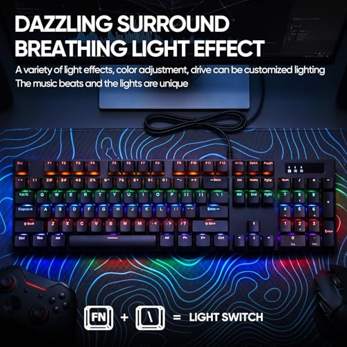 Guiheng Wired Mechanical Gaming Keyboard with Blue Switch, 104-Key Full Size RGB Backlit Wired Keyboard, Anti-Ghosting, Double-Shot ABS Keycaps, Lighted Computer Keyboard for PC Windows-Black