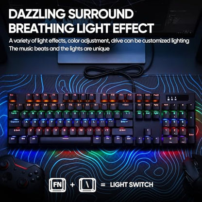 Guiheng Wired Mechanical Gaming Keyboard with Blue Switch, 104-Key Full Size RGB Backlit Wired Keyboard, Anti-Ghosting, Double-Shot ABS Keycaps, Lighted Computer Keyboard for PC Windows-Black