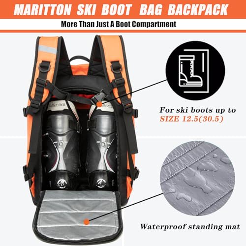 Ski Boot Bag - Boot Travel Backpack for Snowboard & Ski Boots, Helmet, Goggles, Gloves, Accessories - color: orange