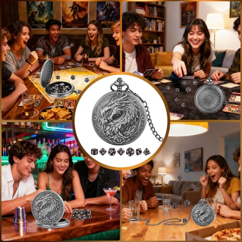 Mini DND Dice Set, 7-Piece Polyhedral Acrylic D&D Dice, with Steampunk Dragon Large Pocket Watch Case, DND Gift Bag with Dragon Logo, Role Play Board Game Accessories, Dark Silver + Brown - color: Silver + Brown