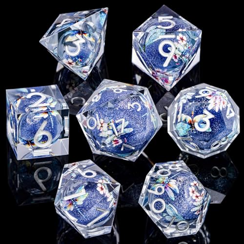 DND Dragonfly Dice 7PCS Polyhedral Sharp Edge Dice Set with Gift Case for Dungeons Dragons Role Playing Game, RPG Resin D and D Dice D6 D8 D10 D12 D20 D% (Silver Blue) - color: Qt-silver Blue