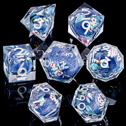 DND Dragonfly Dice 7PCS Polyhedral Sharp Edge Dice Set with Gift Case for Dungeons Dragons Role Playing Game, RPG Resin D and D Dice D6 D8 D10 D12 D20 D% (Silver Blue) - color: Qt-silver Blue