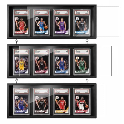MoKo Card Display Case, 3 Pack Graded Card Display for 12 Cards, Black | Wall-mounted trading card display case has clear acrylic panels, a pull-open front, card slots, and a pine frame - color: Dark Gray