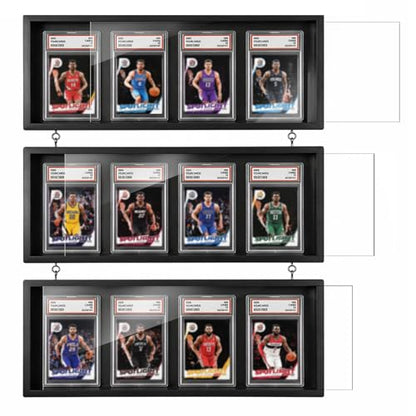 MoKo Card Display Case, 3 Pack Graded Card Display for 12 Cards, Black | Wall-mounted trading card display case has clear acrylic panels, a pull-open front, card slots, and a pine frame - color: Dark Gray