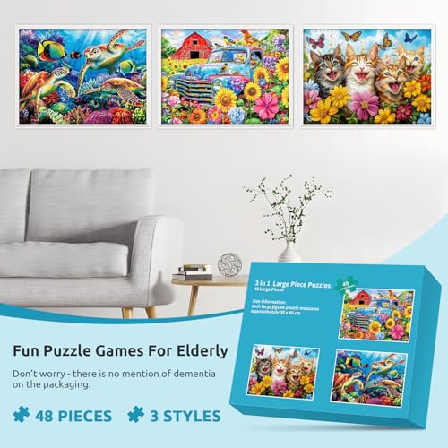3 Packs 48 Large Piece Puzzle for Seniors,Dementia Alzheimer's Products Activities for Elderly Adults,Alzheimer’s Puzzle Memory Cognitive Games Easy Jigsaw Puzzle Gifts（Cats） - style: 48 Large Pieces Cats