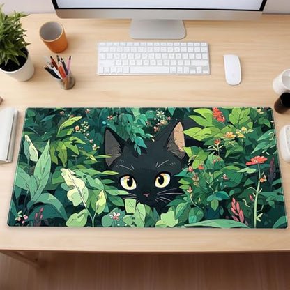Cute Black Cat Desk Mat, Anime Green XXL Large Gaming Mouse Pad | Kawaii botanical black cat desk pad with soft 3mm cushion, smooth cloth top, and steady non-slip rubber core. - color: Black Cat