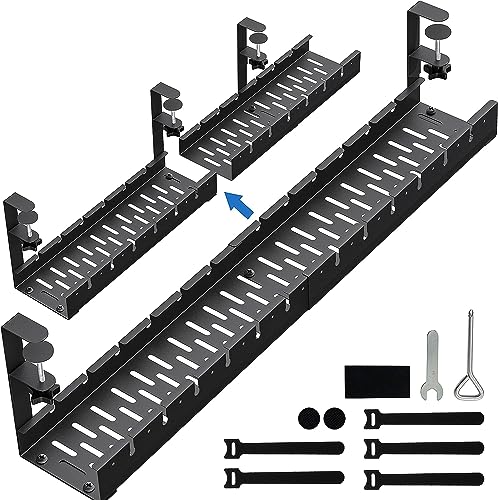 No Drilling Extendable Under Desk Cable Management, Metal Cable Management Tray Under Desk with Clamp, Retractable Power Strip Cord Holder for Wire Management 31Inch (2 Pack Extendable 31') - color: 2 Pack Black Extendable 31'