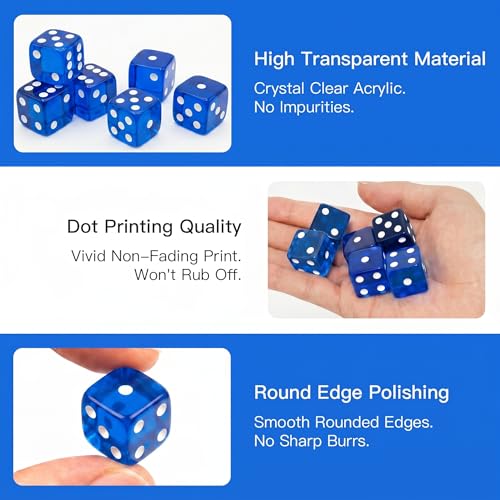12 Piece 19 mm Casino Style Dice Set, Acrylic Translucent D6 Dice with Square Rounded Edge, Blue for Craps, Table Games, Board Games, RPG, MTG, DND(Blue) - color: Blue